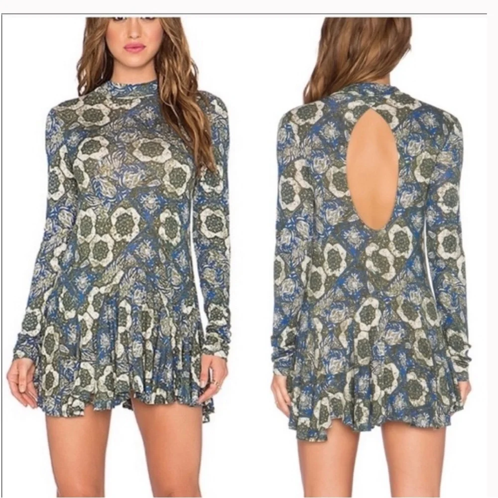 Free People Annabelle Mock Neck Tunic Dress in Cobalt Blue and Green Size Small - Picture 4 of 11